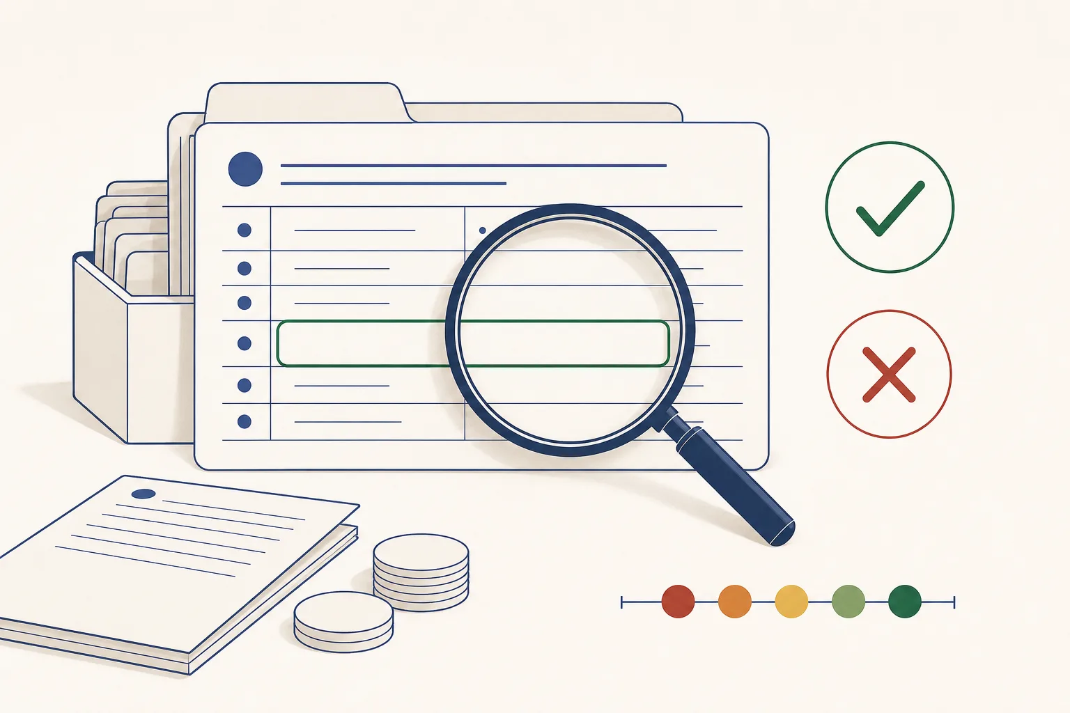 Illustrerat arkivkort med ett förstoringsglas över raden för ändamål, bredvid en bock- och kryssmarkering för kredit- och riskkoppling.