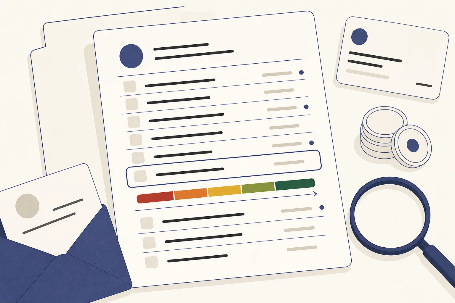 Illustrerat registerutdrag där en rad visar ett kreditbetyg och ett färgband markerar riktningen från låg till hög kreditvärdighet.